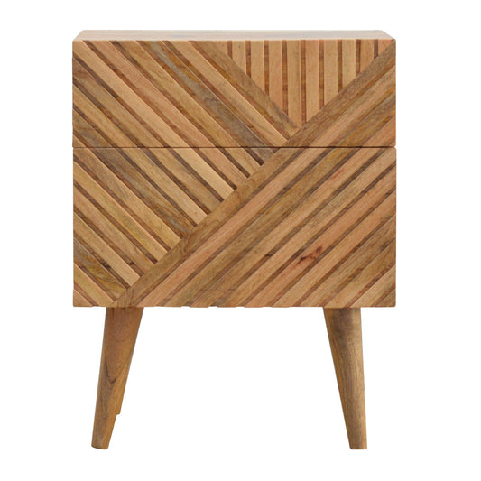 2 Drawer Solid Wood Line Carved Bedside with Nordic Style Legs