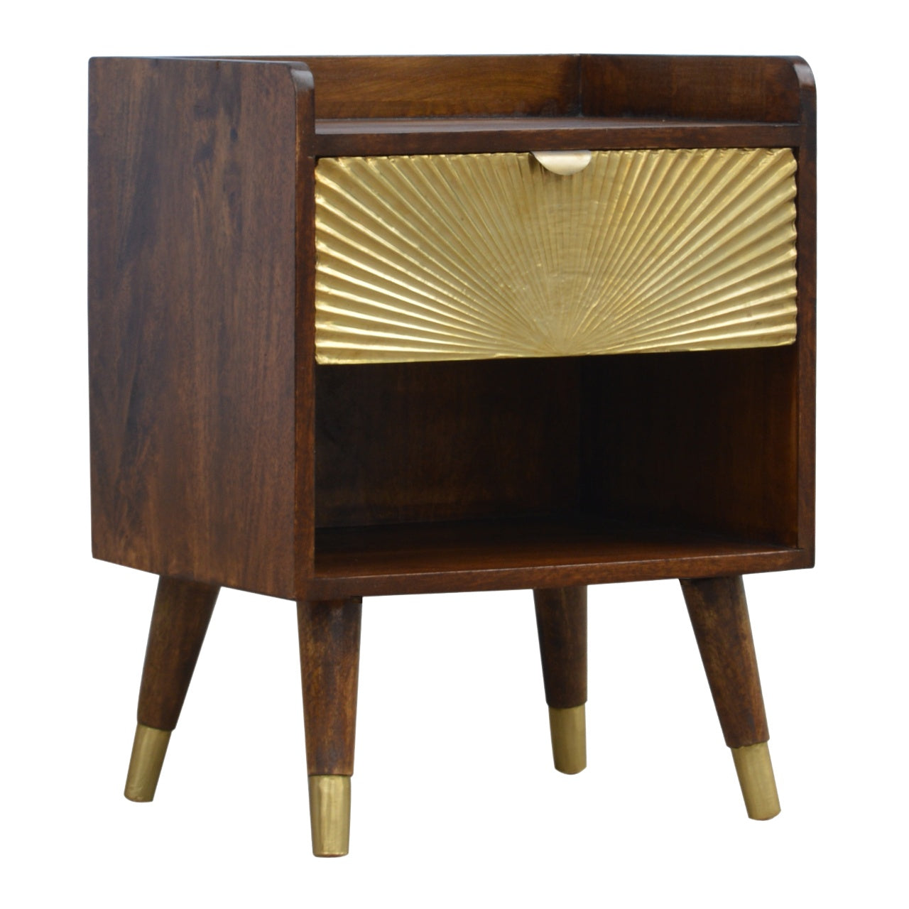 1 Drawer Chestnut Bedside with Gold Sunrise Pattern Drawer Front